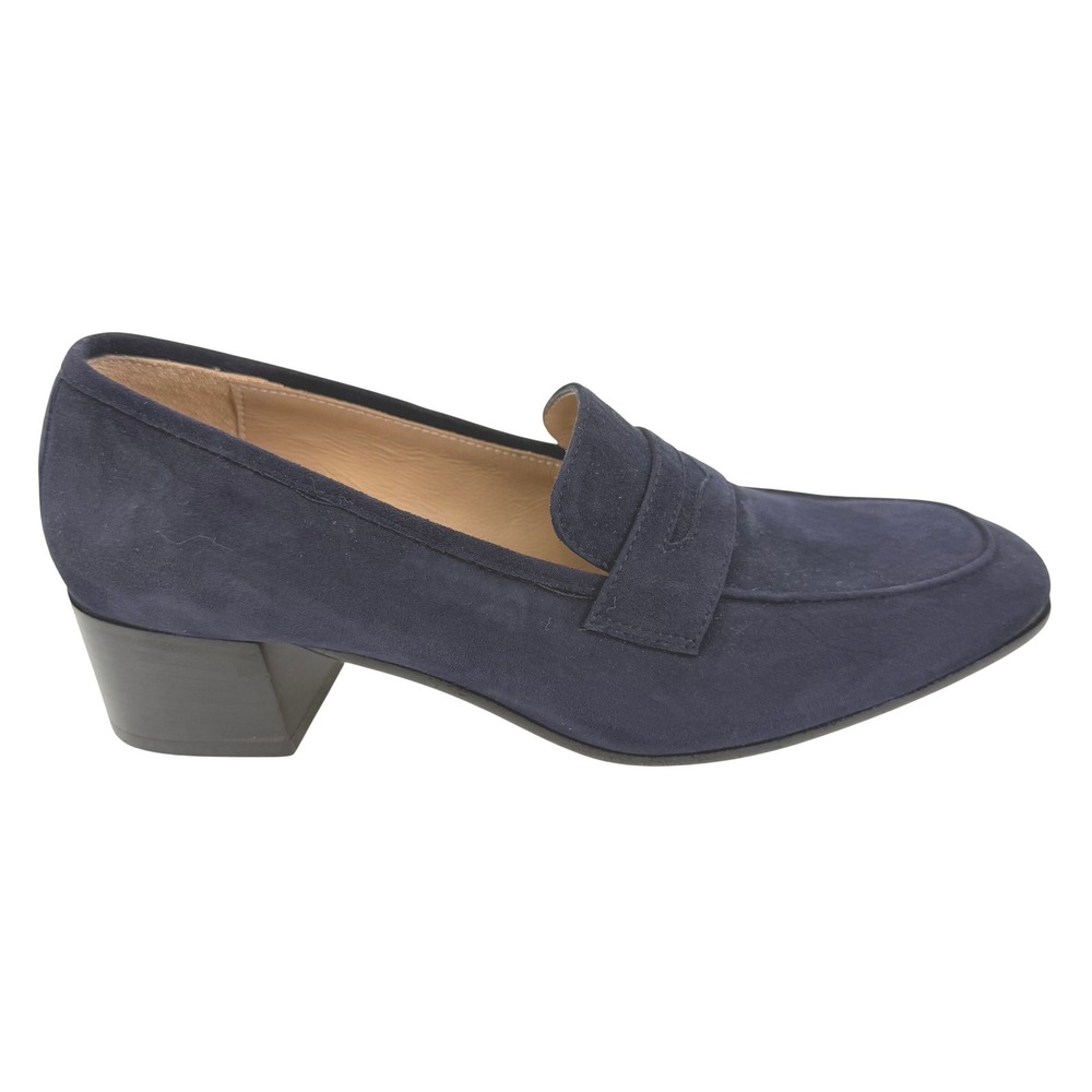 Ann Mashburn Penny Loafer Pumps Womens 37.5 Navy Blue Suede Block Heel Italy